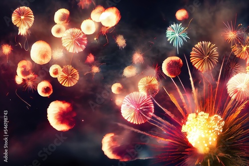 Abstract holiday celebration background. - Fireworks at New Year and copy space. Colorful firework wallpaper.