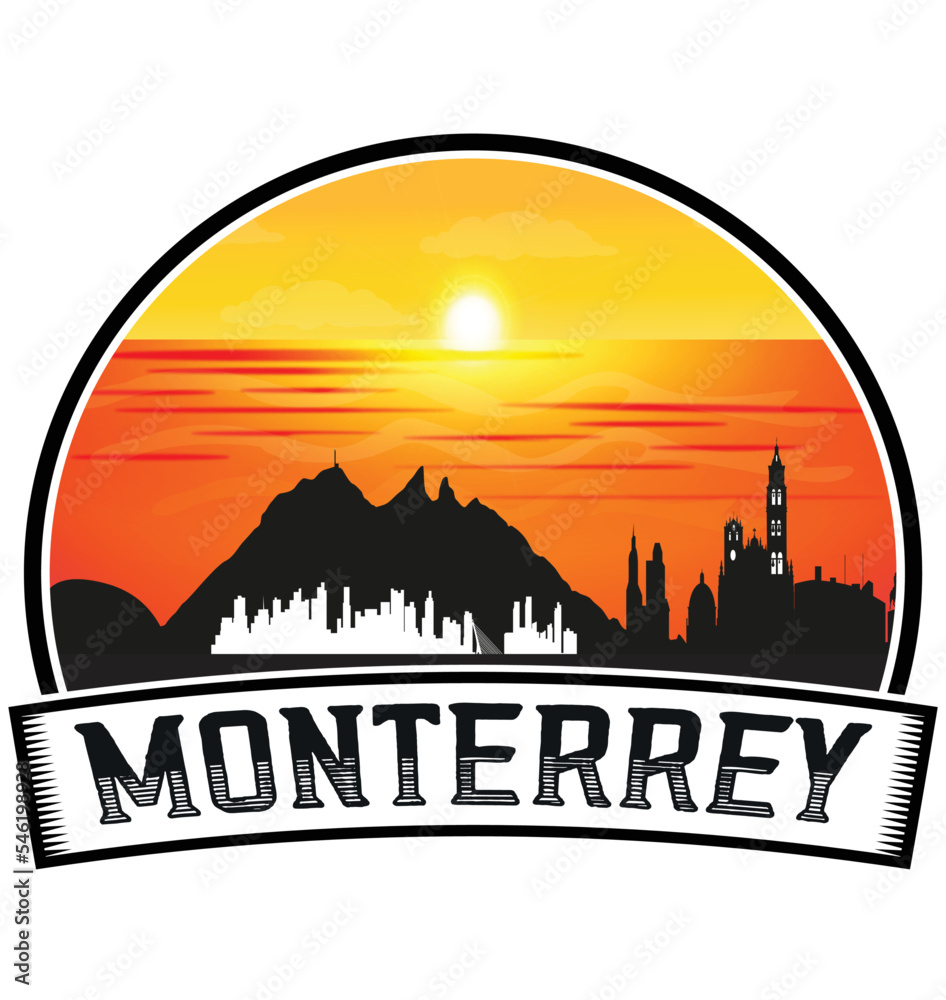 Monterrey Mexico Skyline Sunset Travel Souvenir Sticker Logo Badge Stamp Emblem Coat of Arms Vector Illustration EPS