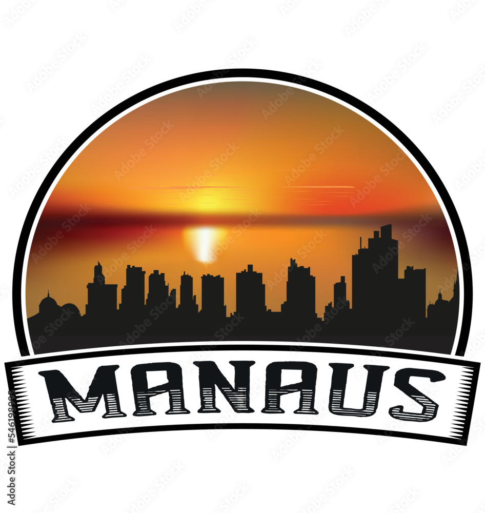 Manaus Brazil Skyline Sunset Travel Souvenir Sticker Logo Badge Stamp Emblem Coat of Arms Vector Illustration EPS
