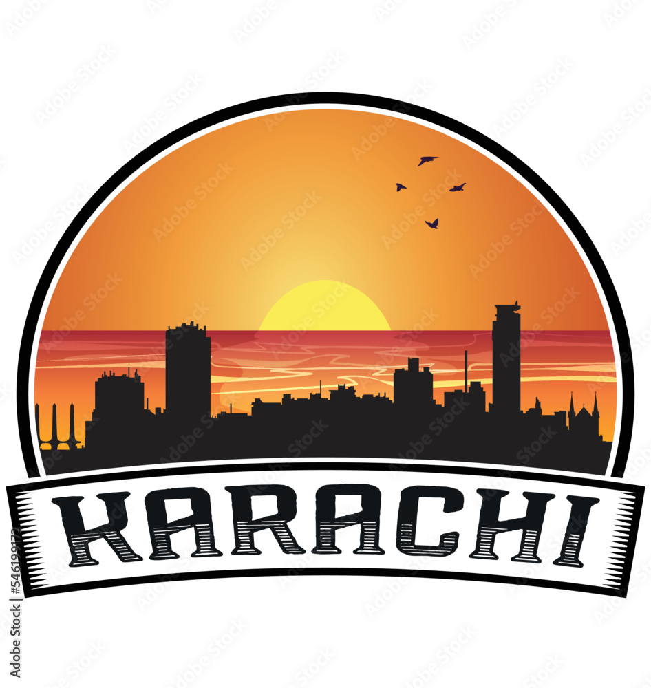 Karachi Pakistan Skyline Sunset Travel Souvenir Sticker Logo Badge Stamp Emblem Coat of Arms Vector Illustration EPS