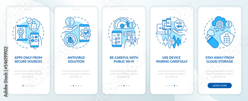 Smartphone safety tips blue onboarding mobile app screen. Security walkthrough 5 steps editable graphic instructions with linear concepts. UI, UX, GUI template. Myriad Pro-Bold, Regular fonts used
