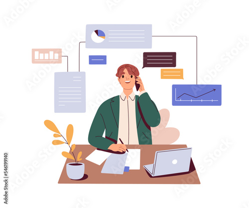 Manager speaking to client during business phone call. Work, communication with customer by cellphone. Sales agent talk on smartphone. Flat graphic vector illustration isolated on white background