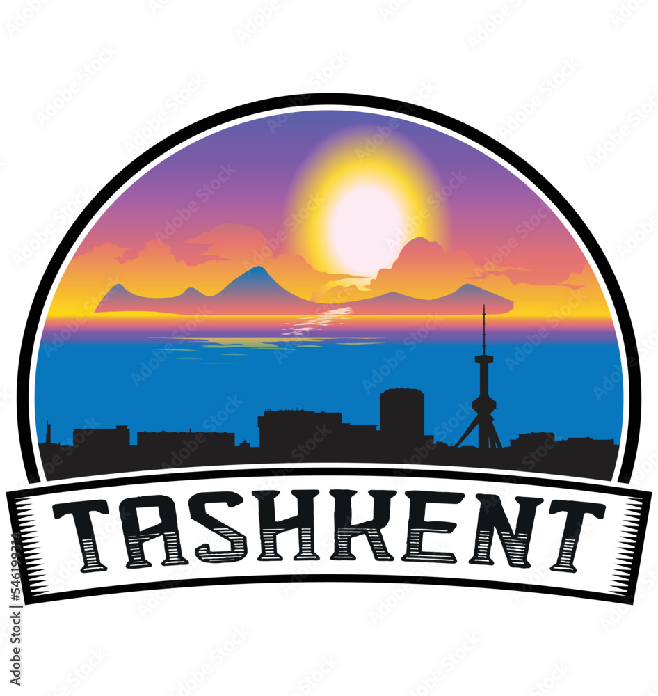 Tashkent Uzbekistan Skyline Sunset Travel Souvenir Sticker Logo Badge Stamp Emblem Coat of Arms Vector Illustration EPS