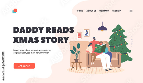 Parent and Kids Reading Stories Landing Page Template. Happy Father, Daughter and Son Family Enjoying Fairy Tales