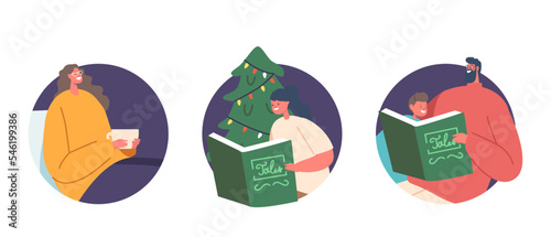 Happy Family Characters Parents and Kids Reading Stories at Christmas Eve Isolated Icons or Avatars. Mom and Children