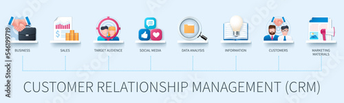 Customer relationship management (crm) banner with icons. Business, sales, target audience, social media, data analysis, information, customers, marketing materials. Business concept. Web vector infog