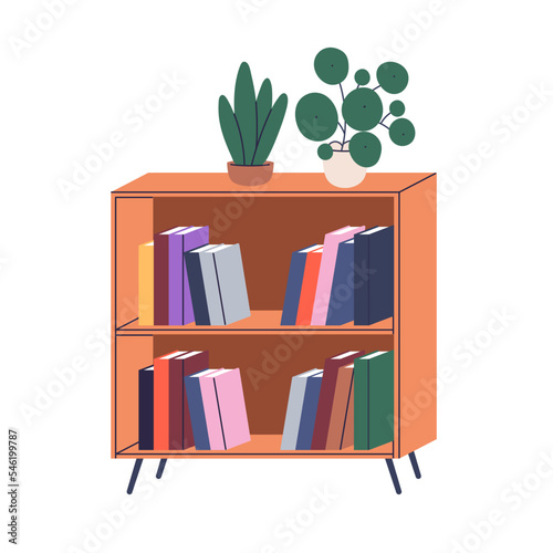 Paper books, potted plants on shelf. Wood bookshelf, furniture for literature rows store, storage. Trendy wooden bookcase in retro style. Flat vector illustration isolated on white background