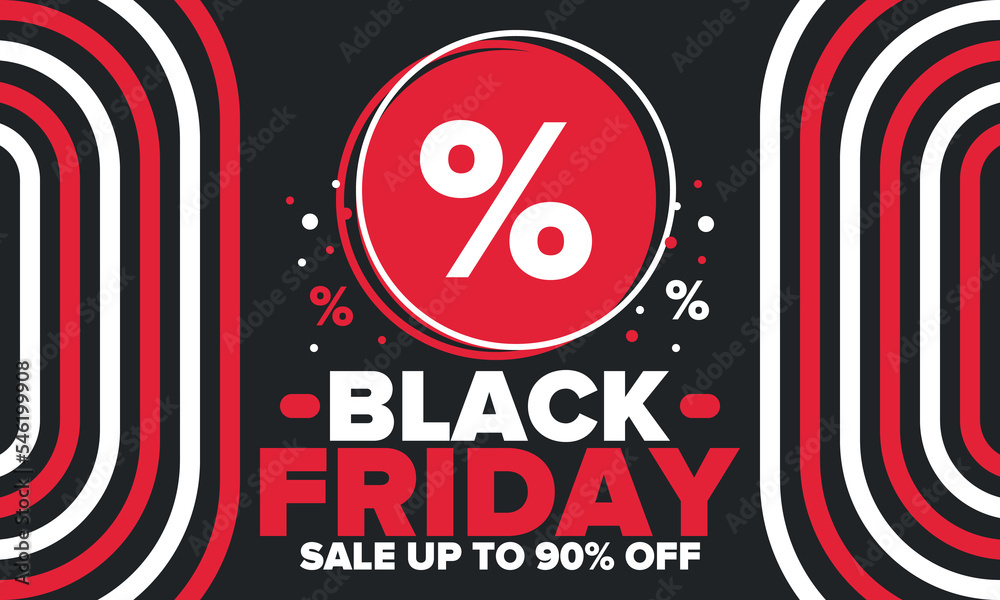 Black Friday. Sale up to 90% off. Biggest sale of the year. Special offer banner. Holiday shopping in United States. Super season deal in November. Discount badge. Creative vector template