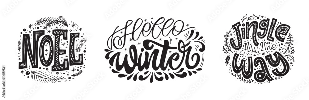 Happy winter holidays postcard. Merry Christmas and happy new year lettering. Holly jolly