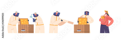 Apiary and Beekeeping Concept. Apiarist Characters Extract Honey, Beekeepers In Protective Outfit Taking Honeycomb
