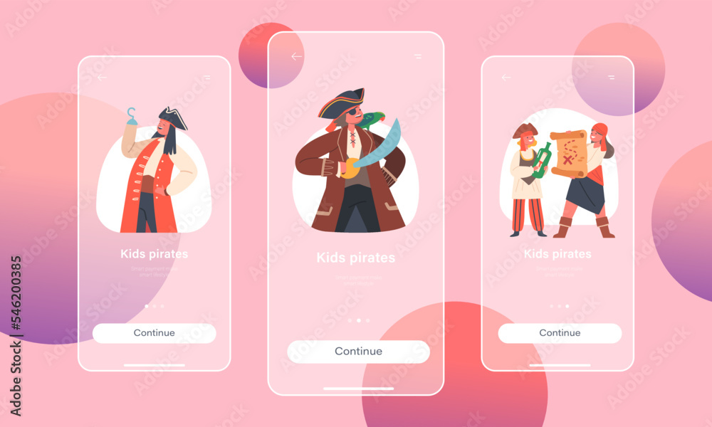 Children Pirates Mobile App Page Onboard Screen Template. Funny Kids Characters In Traditional Costumes, Captain Children Pirates Mobile App Page Onboard Screen Template. Funny Kids Characters In Traditional Costumes, Captain