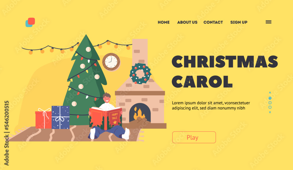 Christmas Carols Landing Page Template. Happy Boy Character Sitting at Burning Fire Place and Fir Tree Reading Book Christmas Carols Landing Page Template. Happy Boy Character Sitting at Burning Fire Place and Fir Tree Reading Book