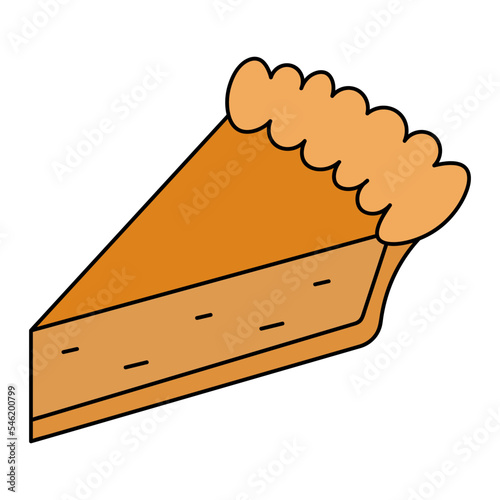 Piece of pie. Baking with pumpkin. Cutaway vegetable cake. Color vector illustration. Cartoon style. Delicious appetizer with a fried crust cooked in the oven. Isolated background. Thanksgiving symbol