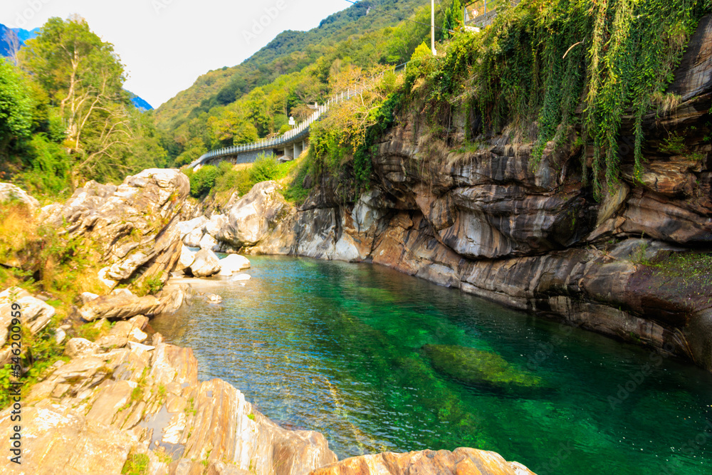 View of the Verzasca river in Lavertezzo, Verzasca Valley, Ticino Canton, Switzerland View of the Verzasca river in Lavertezzo, Verzasca Valley, Ticino Canton, Switzerland