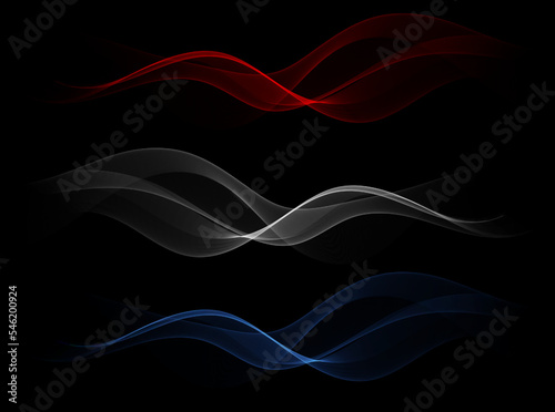 Smooth flow transparent wave smoky wave set. Set of transparent abstract waves