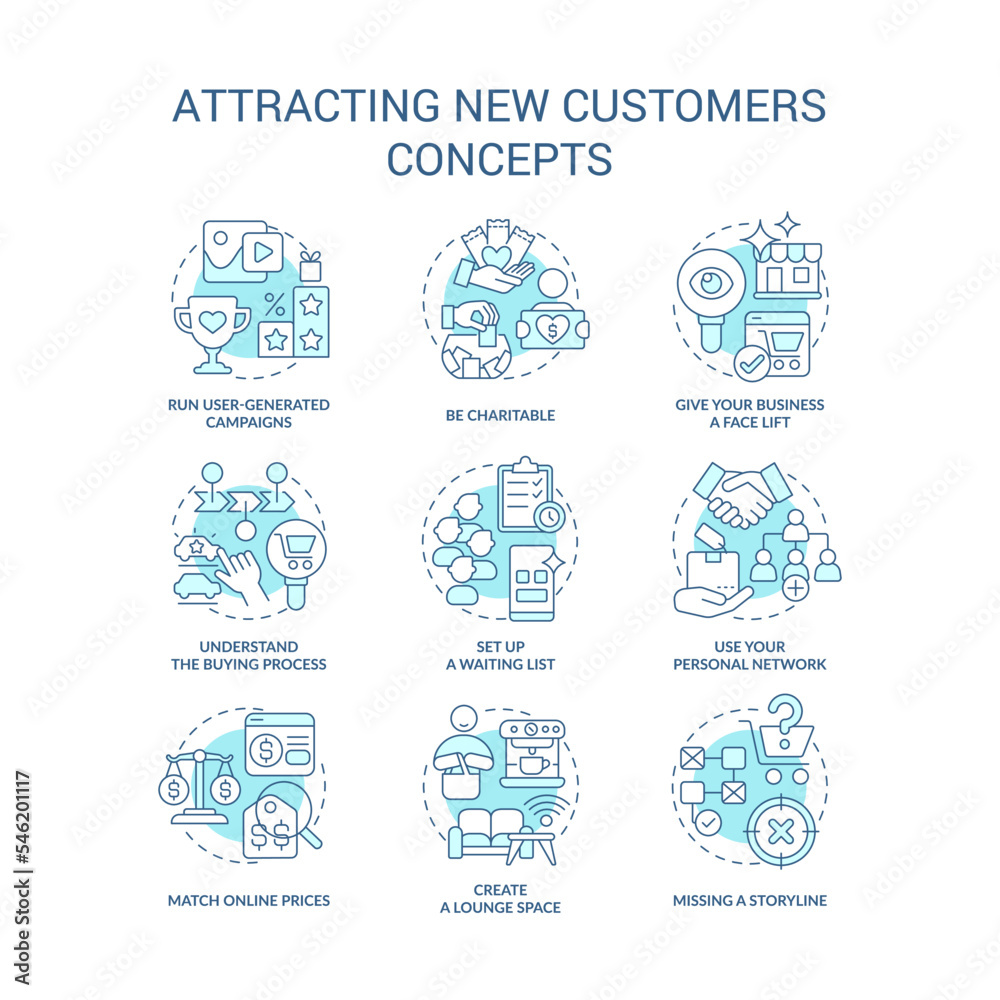 Attracting new customers turquoise concept icons set. Getting new clients for business thin line color illustrations. Isolated symbols. Editable stroke. Roboto-Medium, Myriad Pro-Bold fonts used