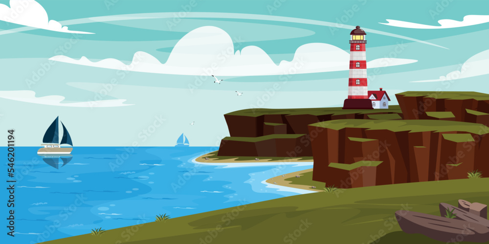 Vector illustration of coastal lighthouse. Cartoon sea landscape with lighthouse on the slope, sheer cliffs, ships in the sea, seagulls. - obrazy, fototapety, plakaty 