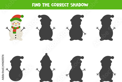 Find the correct shadows of cute snowman. Logical puzzle for kids.