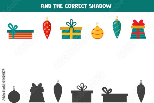 Find the correct shadows of cute Christmas presents and ornament. Logical puzzle for kids.
