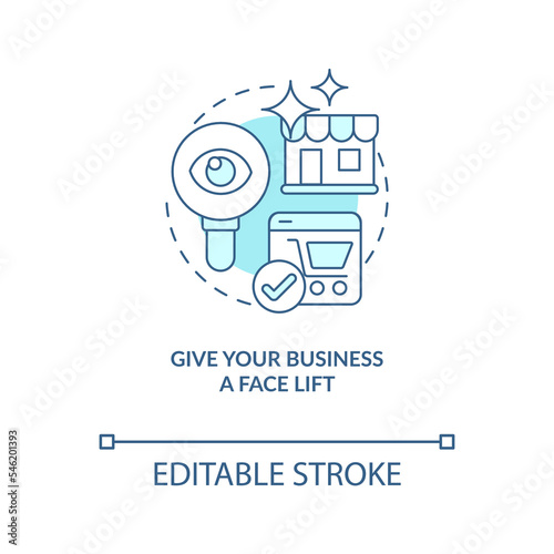 Give business face lift turquoise concept icon. Getting customers for company abstract idea thin line illustration. Isolated outline drawing. Editable stroke. Arial, Myriad Pro-Bold fonts used
