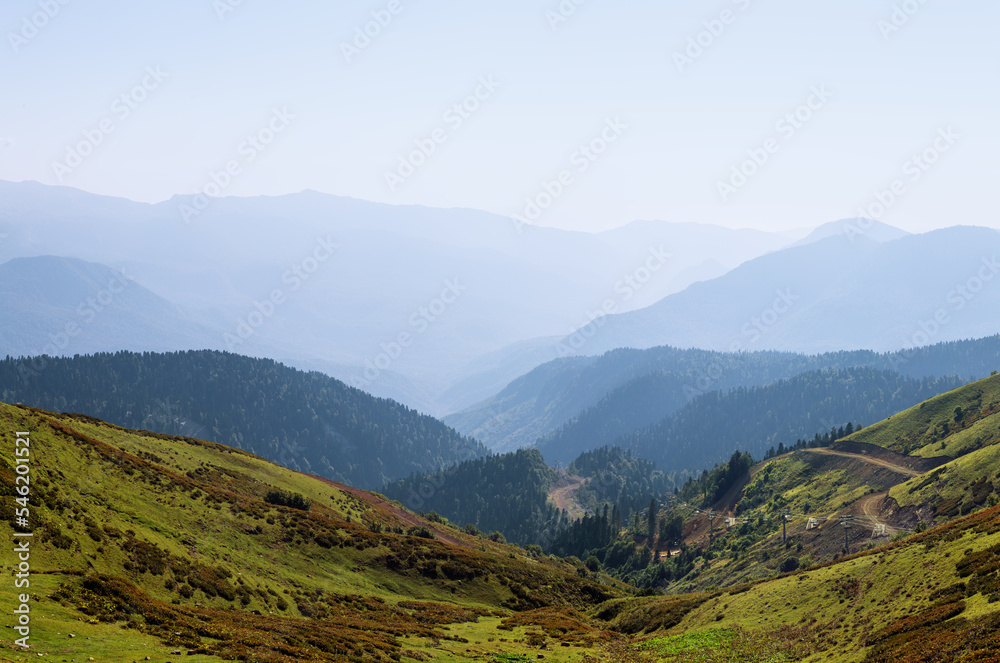 Beautiful panorama landscape of the Caucasian mountains. Rosa Khutor in summer.