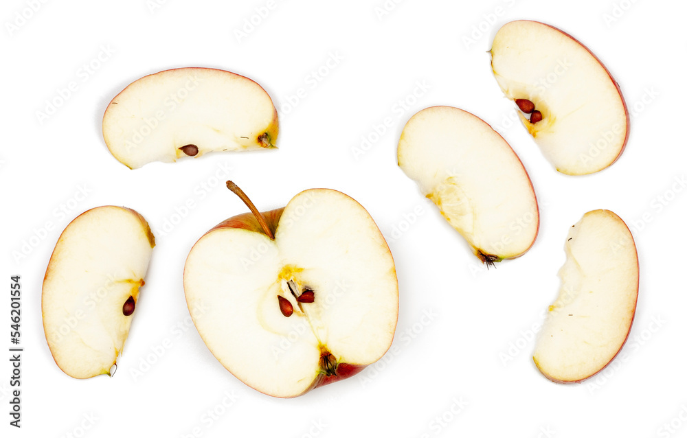 Apple slices isolated on a white background, top view Apple slices isolated on a white background, top view