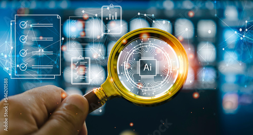 The magnifying glass focuses on the AI ​​technology information search icon in the future in computers and the concept of using information technology in computer systems.