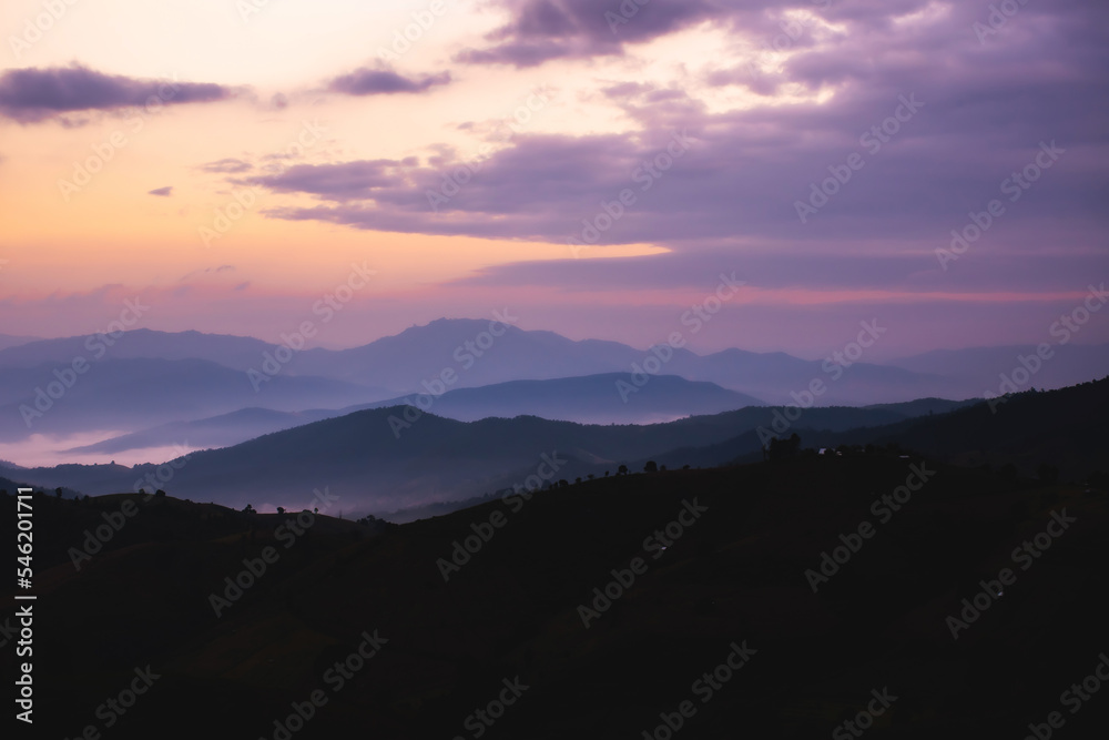 sunrise and sunset in mountains, Layers of mountain  Beautiful dark mountain landscape