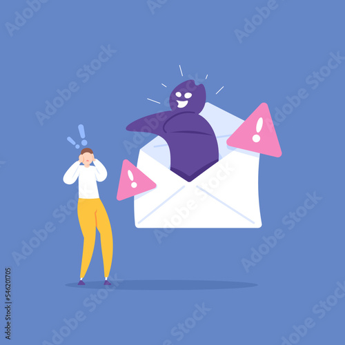 malicious message alerts, scam or phishing emails, suspicious mail. a male user is startled by a virus or monster appearing from inside the envelope. open mail. illustration concept design