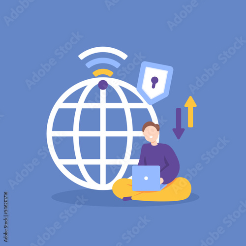 network security. protection and security system on the internet. proxies, dns, wifi. firewalls. an IT staff or network engineer using a laptop. technology. illustration concept design