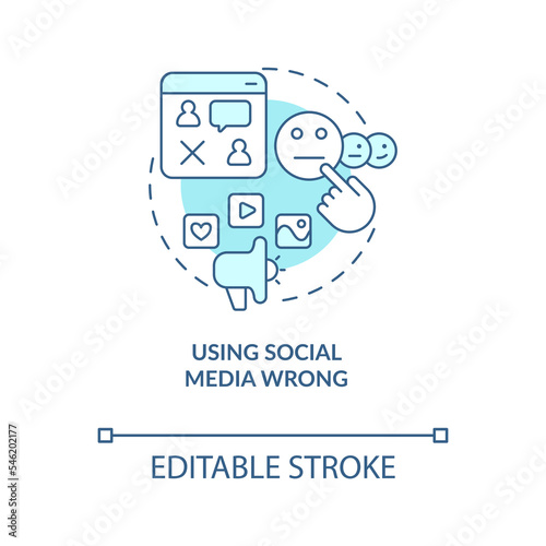 Using social media wrong turquoise concept icon. Digital strategy mistake to avoid abstract idea thin line illustration. Isolated outline drawing. Editable stroke. Arial, Myriad Pro-Bold fonts used