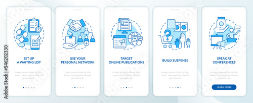 Getting first clients tips blue onboarding mobile app screen. Walkthrough 5 steps editable graphic instructions with linear concepts. UI, UX, GUI template. Myriad Pro-Bold, Regular fonts used