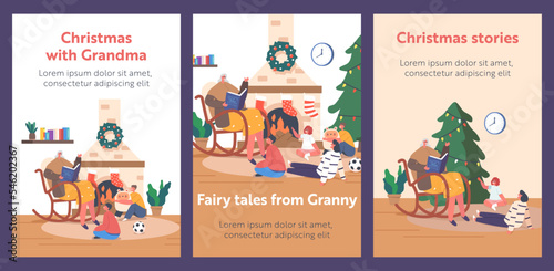 Christmas with Grandma Cartoon Banners. Children Listen Stories, Granny Sitting on Armchair Read Book Vector Posters