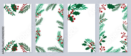 Set of christmas template poster. Decorative winter botanical leaves element frame of pine, holly, berry, mistletoe foliage. Design illustration for banner, card, social media, advertising, website.