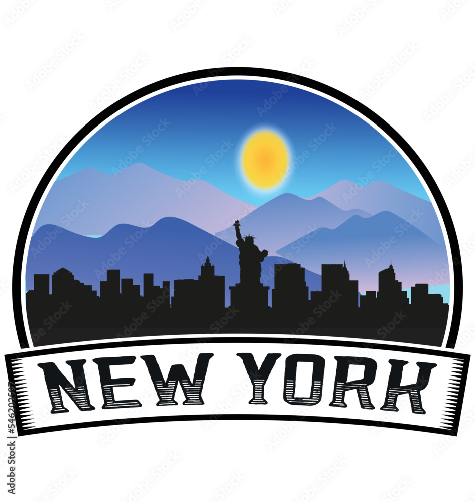 New York New York USA Skyline Sunset Travel Souvenir Sticker Logo Badge Stamp Emblem Coat of Arms Vector Illustration EPS