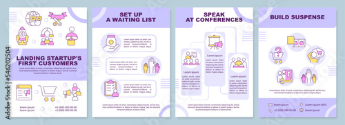 Land startup first customers brochure template. New business. Leaflet design with linear icons. Editable 4 vector layouts for presentation, annual reports. Arial-Black, Myriad Pro-Regular fonts used