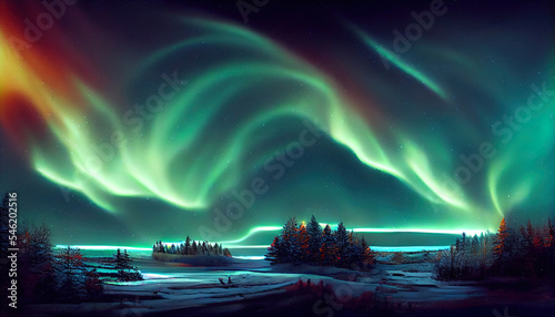 Northern lights over the forest. Abstract illustration art