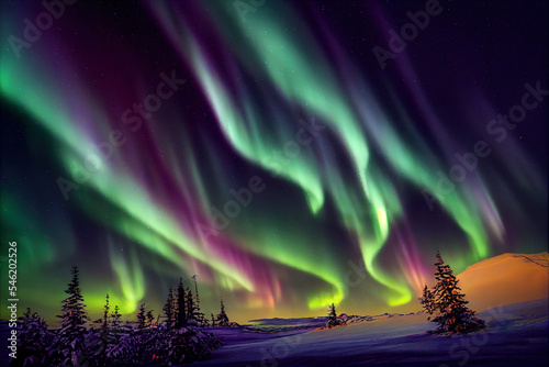 Northern lights over the forest. Abstract illustration art © Galina