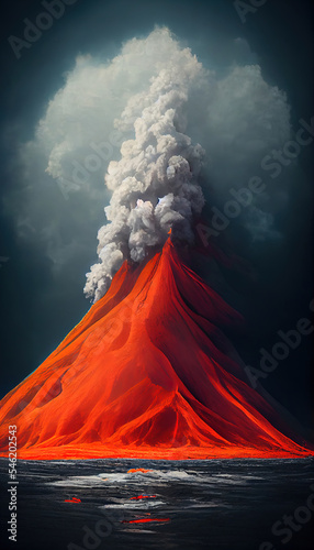 Massive Volcano Eruption. A large volcano erupting hot lava and gases into the atmosphere. 3D Illustration.