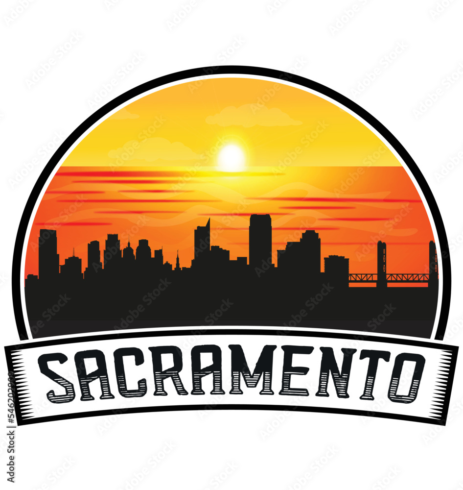 Sacramento California USA Skyline Sunset Travel Souvenir Sticker Logo Badge Stamp Emblem Coat of Arms Vector Illustration EPS