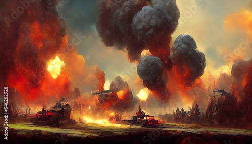 A series of explosions on the battlefield. War and destruction. 3D illustration.