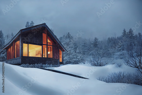 House in snow with romantic lighting. Winter landscape. 3d rendering