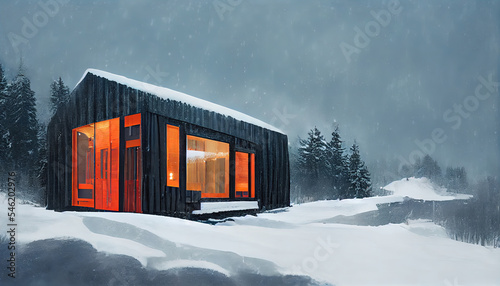 House in snow with romantic lighting. Winter landscape. 3d rendering