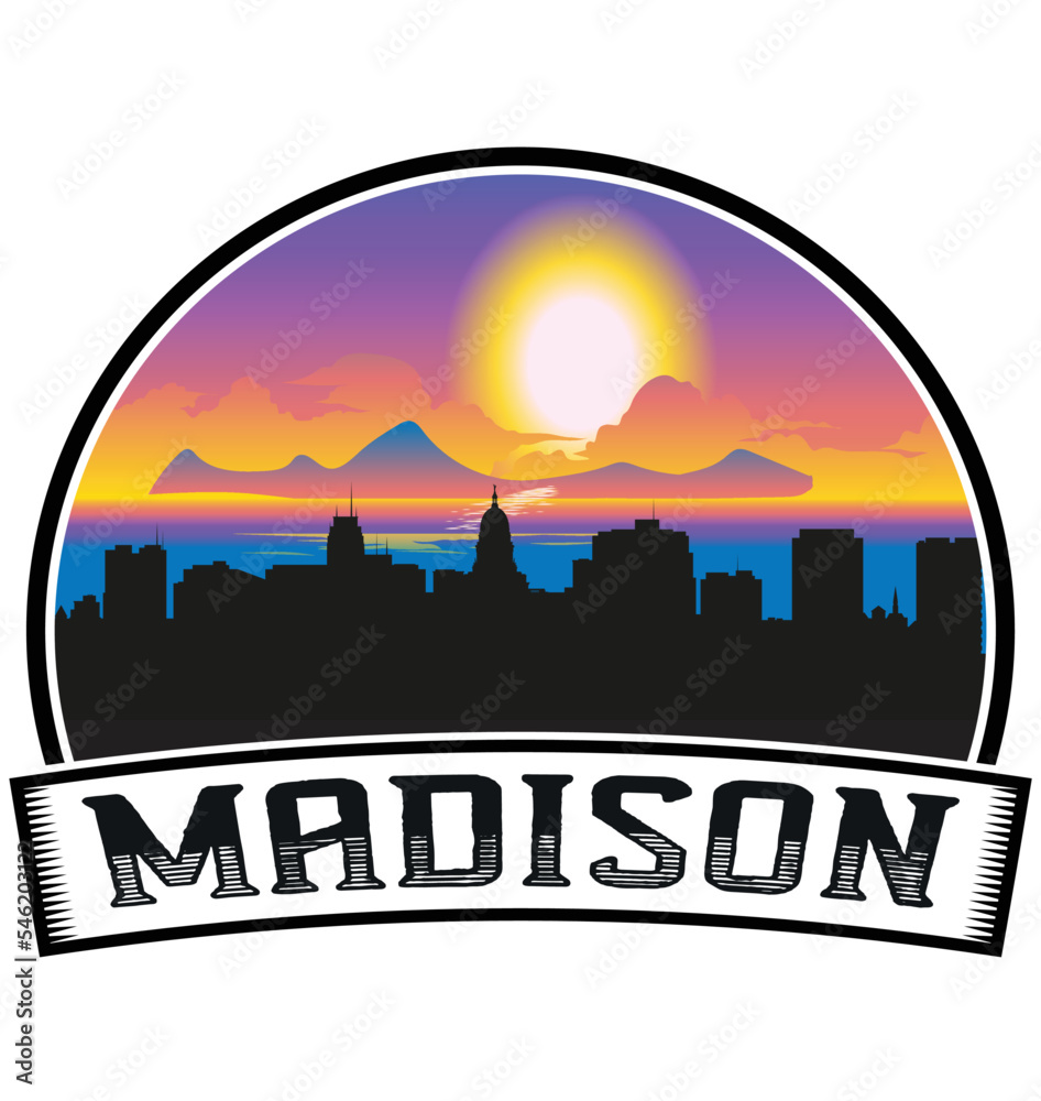 Madison Wisconsin USA Skyline Sunset Travel Souvenir Sticker Logo Badge Stamp Emblem Coat of Arms Vector Illustration EPS