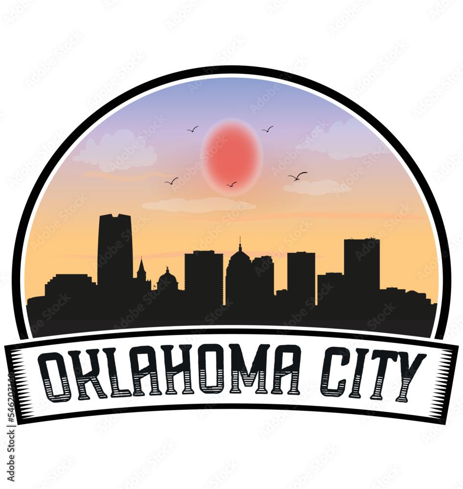Oklahoma City Oklahoma USA Skyline Sunset Travel Souvenir Sticker Logo Badge Stamp Emblem Coat of Arms Vector Illustration EPS