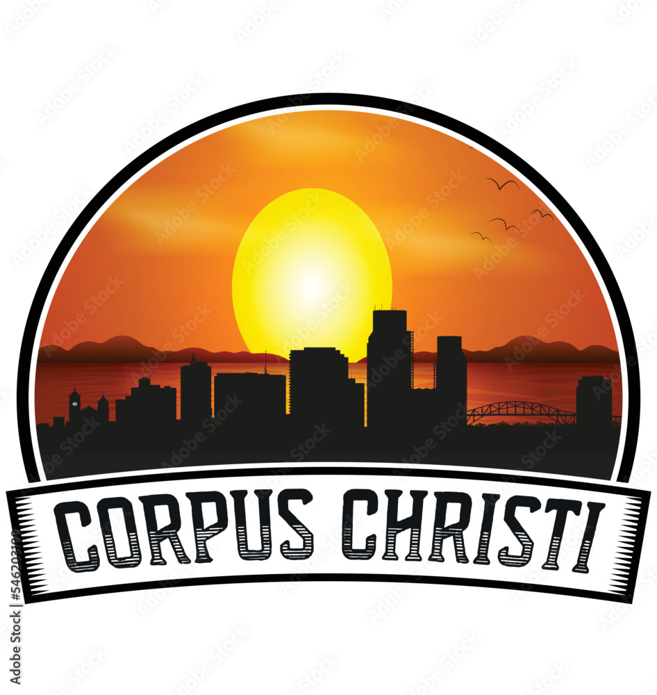 Corpus Christi Texas USA Skyline Sunset Travel Souvenir Sticker Logo Badge Stamp Emblem Coat of Arms Vector Illustration EPS