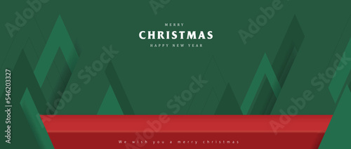 Christmas banner studio table room product display with copy space and christmas tree abstract background