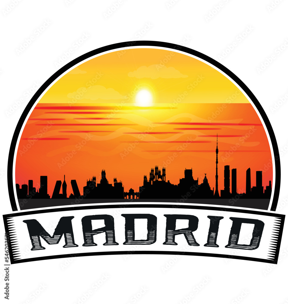 Madrid Spain Skyline Sunset Travel Souvenir Sticker Logo Badge Stamp Emblem Coat of Arms Vector Illustration EPS