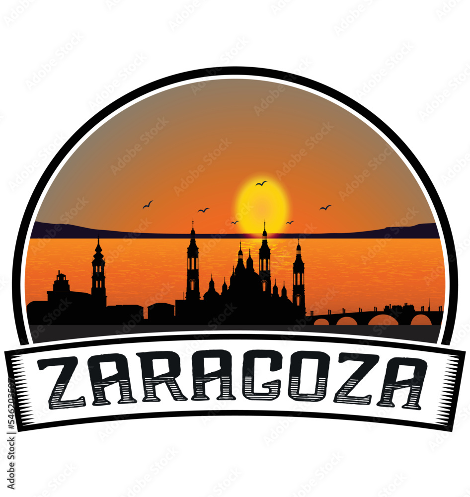 Zaragoza Spain Skyline Sunset Travel Souvenir Sticker Logo Badge Stamp Emblem Coat of Arms Vector Illustration EPS