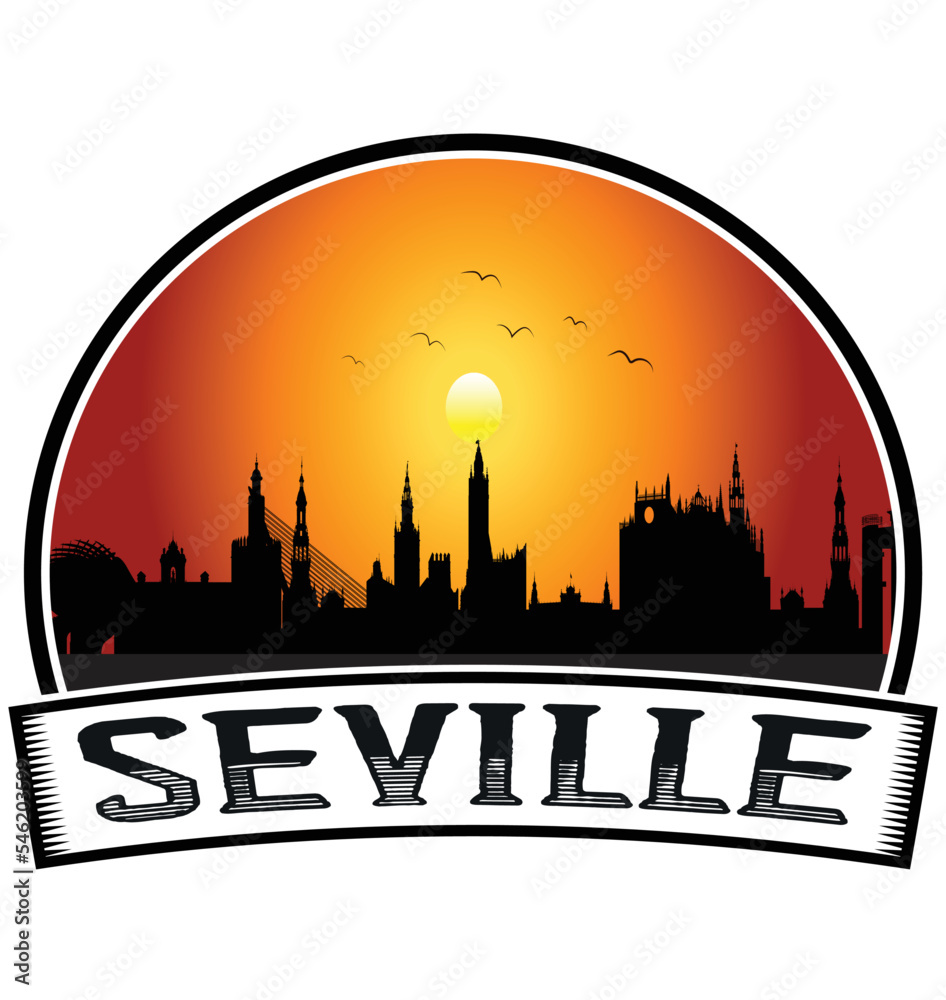 Seville Spain Skyline Sunset Travel Souvenir Sticker Logo Badge Stamp Emblem Coat of Arms Vector Illustration EPS